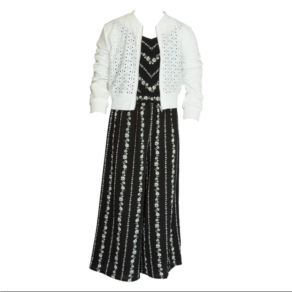 Knitworks Girls sz 16 Jumpsuit Black White Daisy Print with Sweater Jacket NWT